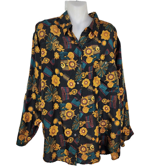 Vtg Whistles Shirt Women Large 80 Black Silk Blouse Baroque Medals Ribbons Print - Picture 1 of 10